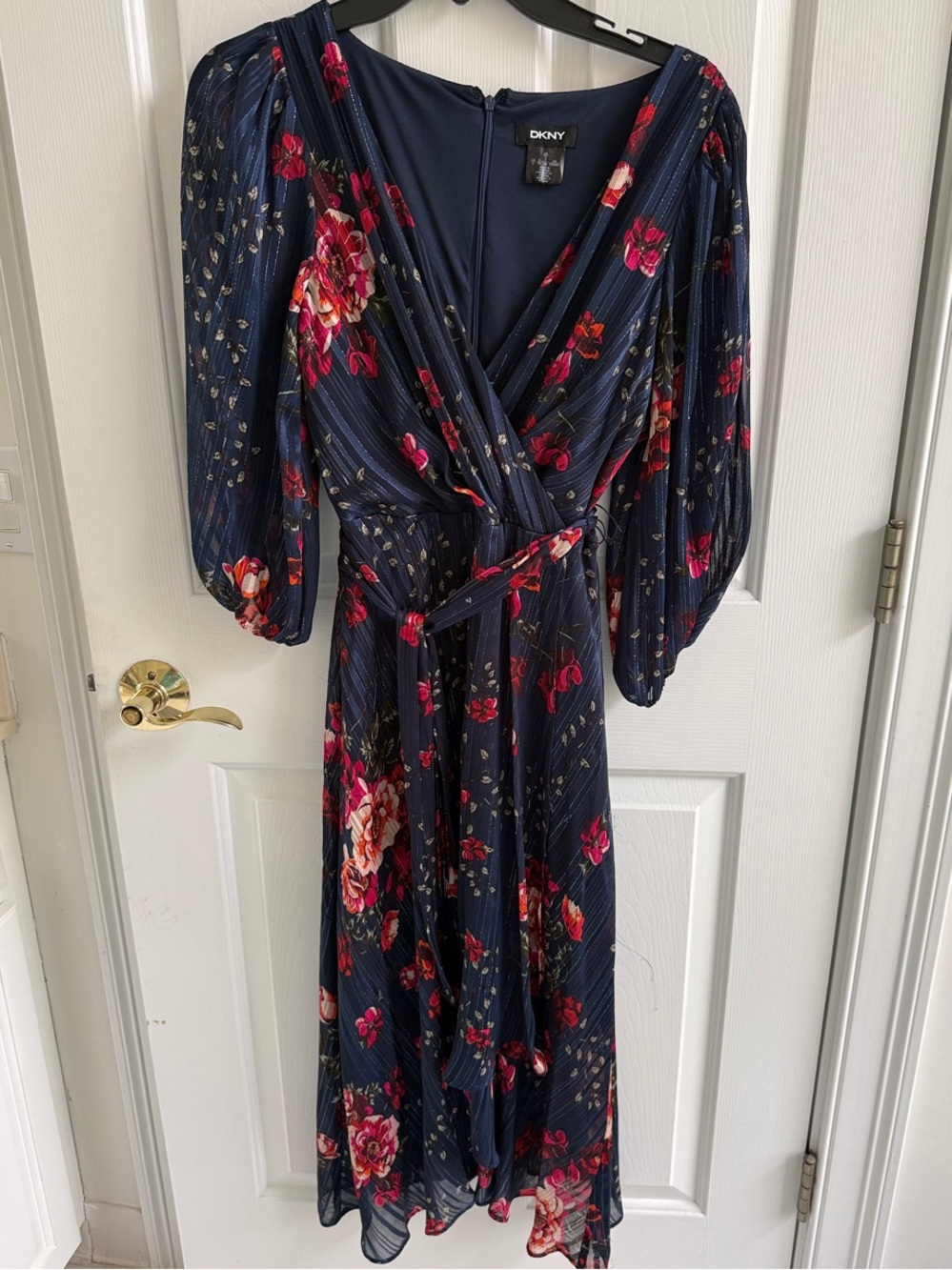DKNY Navy Floral Wrap Midi Dress with Pink & Red Blooms